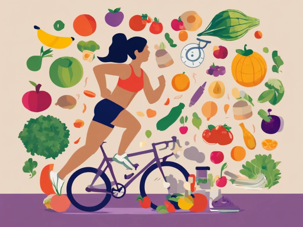 a lady on a bike with healthy foods surrounding her
